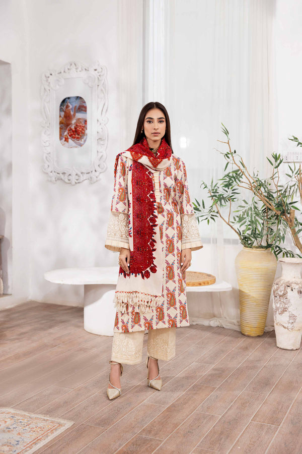 3 Piece - Printed Embroidered Suit - 42303011