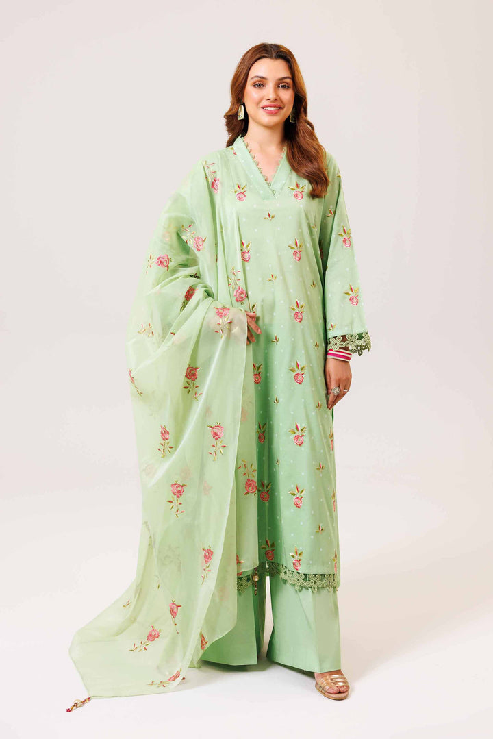 3 Piece Printed Embroidered Suit Light Green