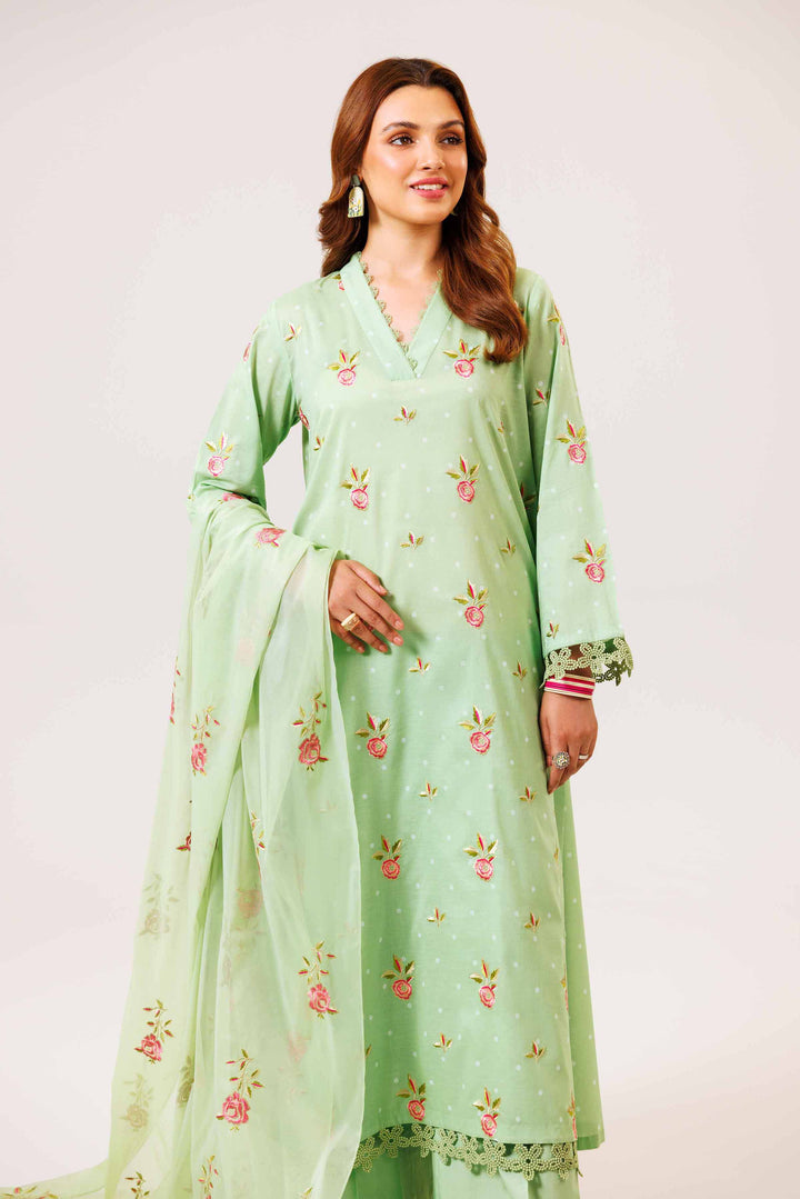 3 Piece Printed Embroidered Suit Light Green