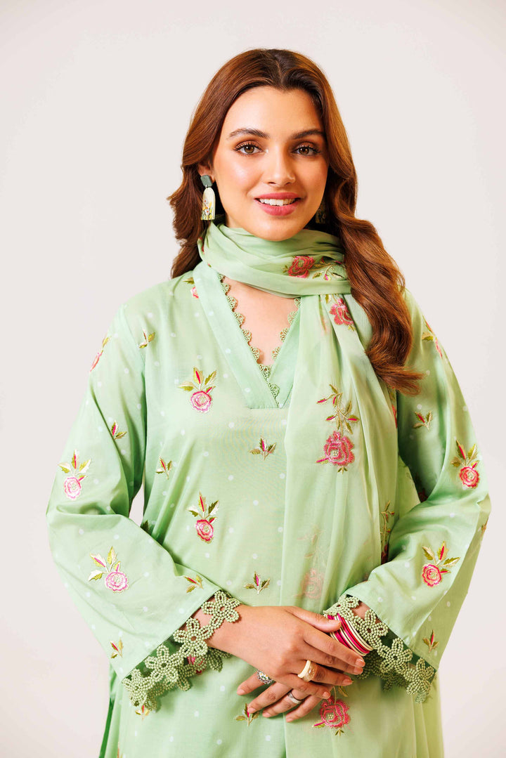 3 Piece Printed Embroidered Suit Light Green