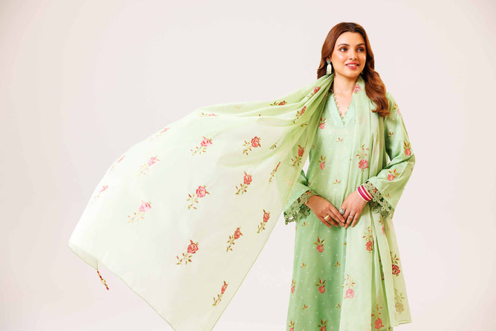 3 Piece Printed Embroidered Suit Light Green