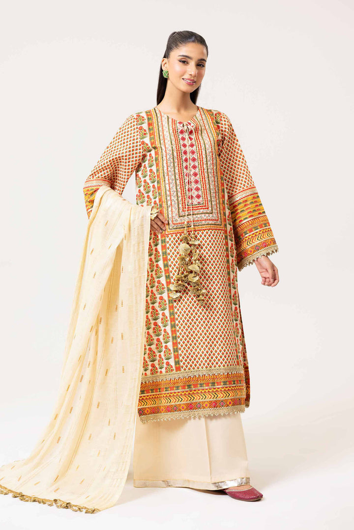 3 Piece Digital Printed Jacquard Embroidered Suit Multi