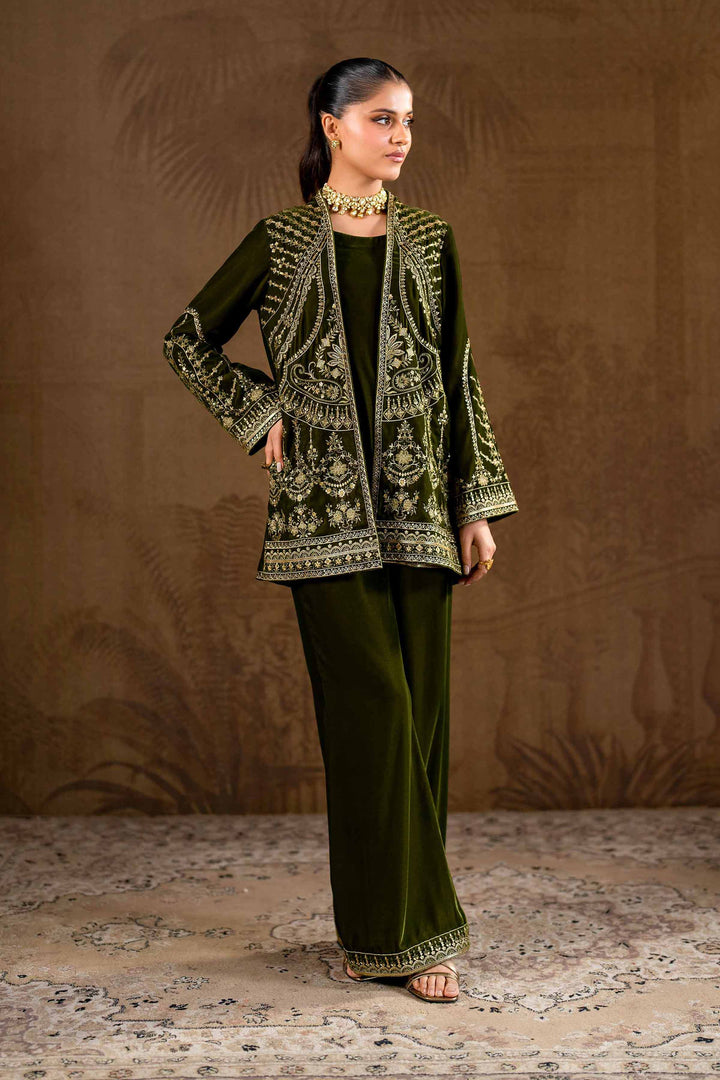 3 Piece Green Velvet & Chiffon Embroidered Suit